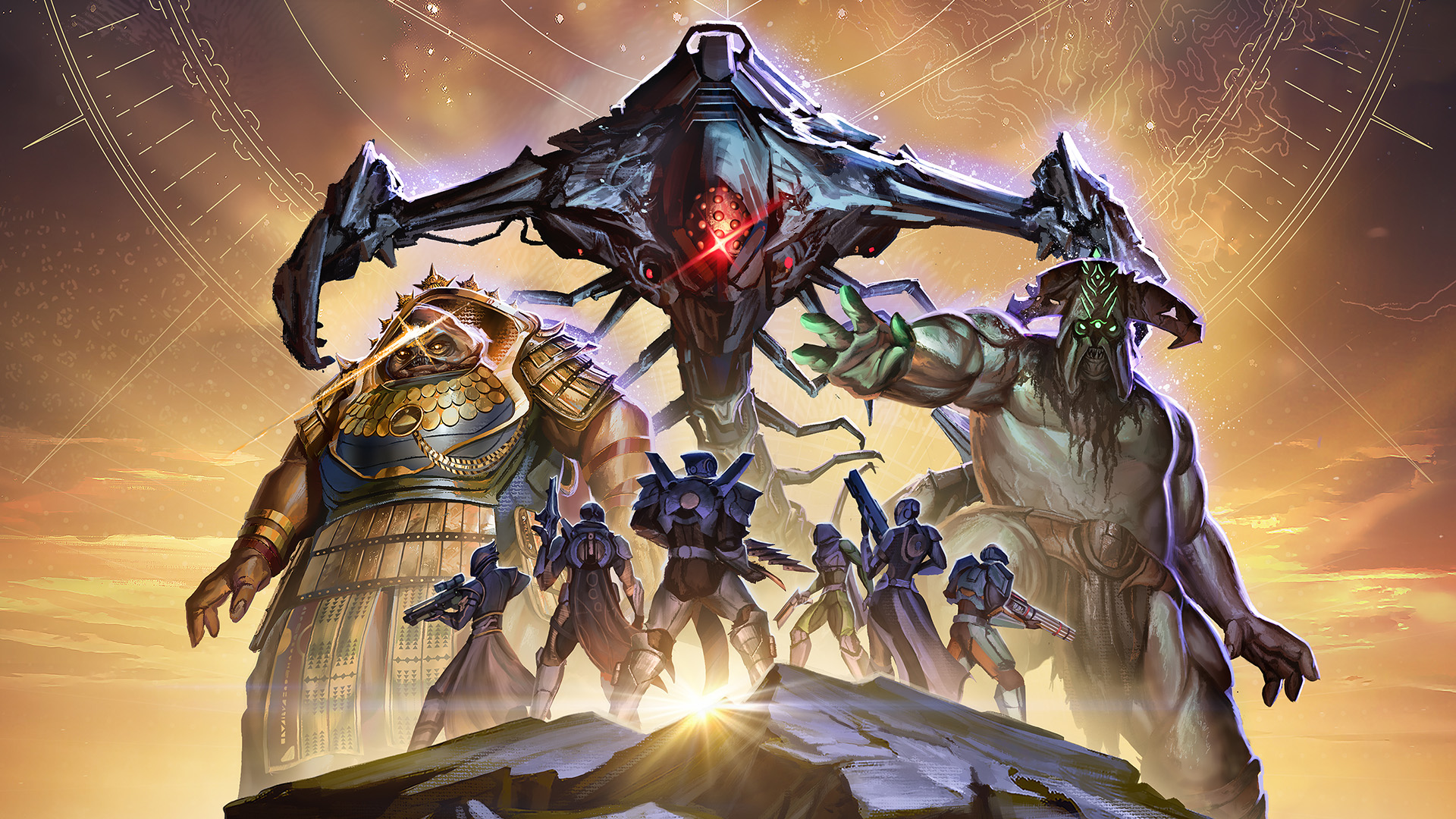 Art of a fireteam Guardians from the game Destiny, with bosses from Destiny's history towering over them.